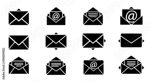 Digital Communication: A collection of sleek, minimalist black email icons, symbolizing modern communication.