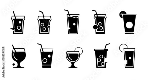 Refreshing Beverages: A sleek array of illustrated drinks, each with its unique shape, adorned with straws and citrus accents, promising a revitalizing experience.