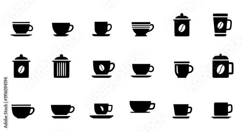 Diverse Coffee Cup Icon Set: A comprehensive collection of coffee cup icons, each showcasing a unique design, ideal for digital or print applications.