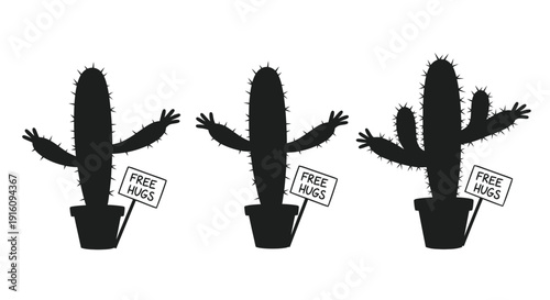Three potted cacti offering hugs a striking black silhouette