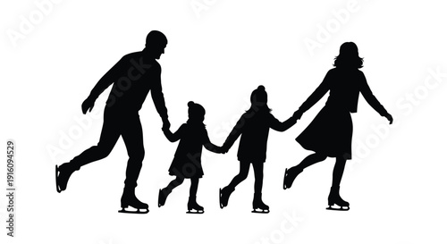 Family ice skating together on a winter day silhouette