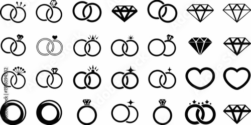Collection of black and white jewelry icons rings diamonds and crowns