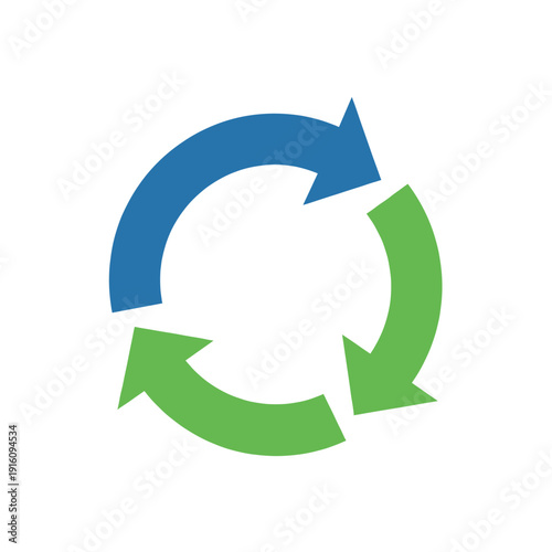 A circular symbol with three arrows, two green and one blue, indicating a continuous cycle, recycling, or renewal process on a white background.