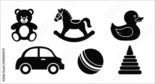 Black silhouettes of classic children s toys on a white background silhouette