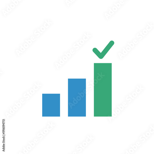A simple graphic showing a bar chart with three bars, the tallest green bar topped with a checkmark, symbolizing success and progress.