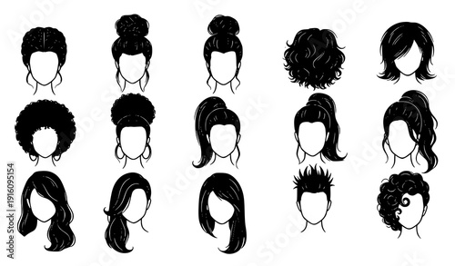 Elegant Female Hairstyle Silhouette Collection for Fashion and Beauty Design