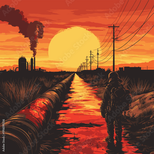 Environmental Disaster Illustration of Pipeline Leak in Desert with Worker in Gas Mask and Toxic Spill under Sunset , vector style simple color