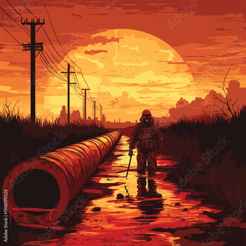 Environmental Disaster Illustration of Pipeline Leak in Desert with Worker in Gas Mask and Toxic Spill under Sunset , vector style simple color