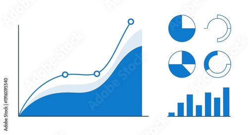 Business Data Visualization Set with Growth Area Chart Pie Charts and Bar Graph