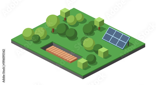 Isometric Eco-Friendly Backyard Plan with Solar Panels Swimming Pool and Green Landscaping