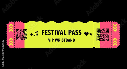 Neon Yellow and Pink Festival Pass VIP Wristband with QR Codes and Music Icons
