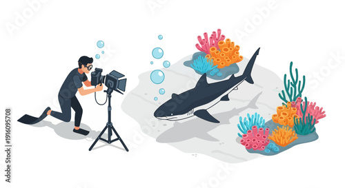 Isometric Underwater Photographer Filming a Shark Near a Colorful Coral Reef