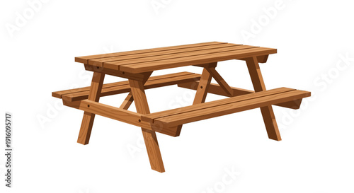 Classic Wooden Outdoor Picnic Table with Attached Benches Isolated on White