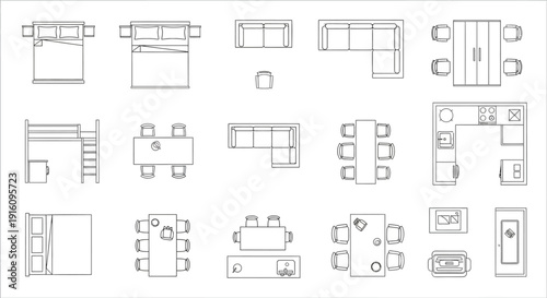 Architectural Floor Plan Furniture Symbols Set with Top View Beds Sofas and Tables