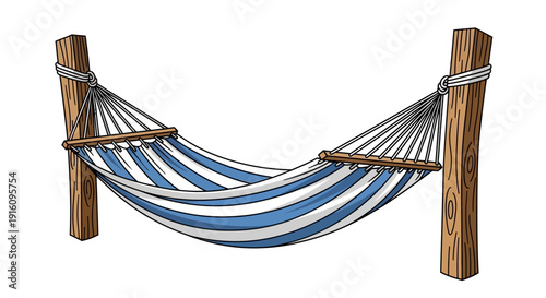 Blue and White Striped Relaxing Hammock Tied Between Two Wooden Posts Illustration