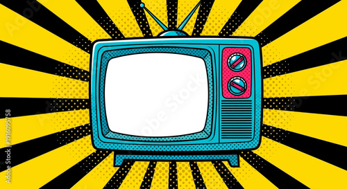 Retro 1980s Style Teal Television Set on Vibrant Yellow and Black Pop Art Sunburst Background