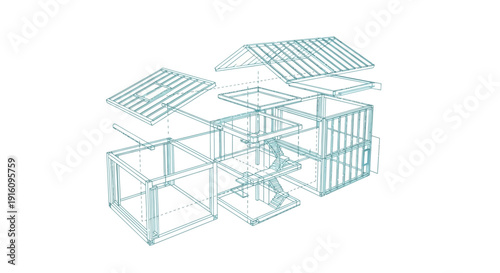 Isometric Exploded View 3D Wireframe of Modern Residential House Structure