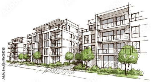 Hand Drawn Architectural Sketch of Modern Multi Story Apartment Complex with Greenery