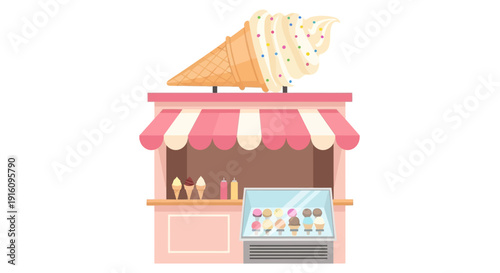 Sweet Soft Serve Ice Cream Stall with Pink Awning and Sprinkle Cone Topper