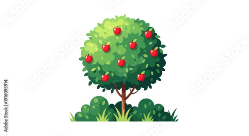 Lush Green Apple Tree with Ripe Red Fruit and Garden Bushes Isolated on White