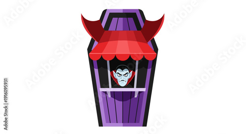 Spooky Dracula Vampire Character in Coffin Shaped Kiosk Stall Illustration