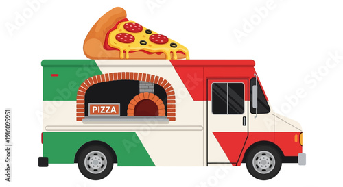 Pizza Food Truck Illustration with Italian Flag Colors Brick Oven and Pepperoni Slice on Roof