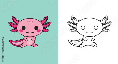 Cute Kawaii Pink Axolotl Character Set with Color and Line Art Outline for Kids Coloring Page
