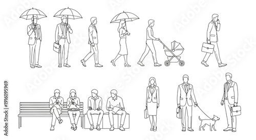 Architectural Scale Figures Vector Set of People Walking Sitting and Standing Line Art for CAD