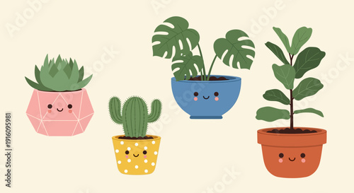 Cute Potted Houseplant Set with Smiling Succulent Cactus Monstera and Fiddle Leaf Fig Illustrations