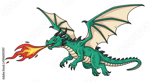 Mythical Green Dragon Illustration Breathing Fire with Large Wings and Sharp Talons