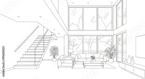 Modern Minimalist Interior Living Room Sketch with Open Staircase Large Windows and Contemporary Furniture