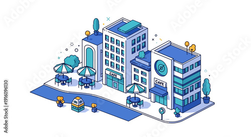 Isometric Urban Street Scene with Modern Cafe Buildings Outdoor Seating and Riverwalk