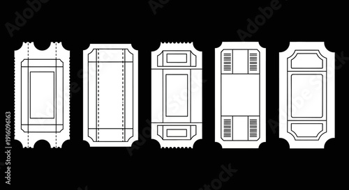 Vintage Ticket Stub Outline Set with Retro Admission Pass Templates and Perforated Edges