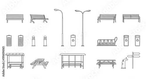 Urban Street Furniture and Park Amenity Set with Line Art Benches Street Lights and Bus Stops