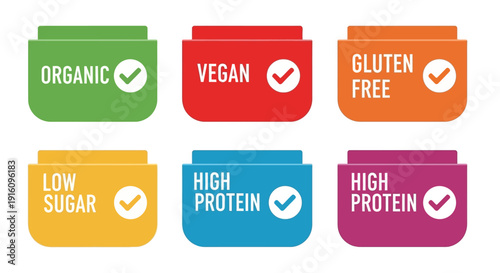 Nutritional Label Icon Set with Organic Vegan Gluten Free Low Sugar and High Protein Badges