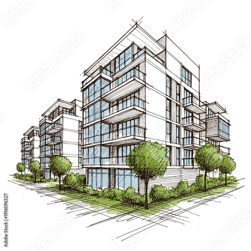 Hand Drawn Architectural Sketch of a Modern Multi-Story Apartment Complex with Landscaping