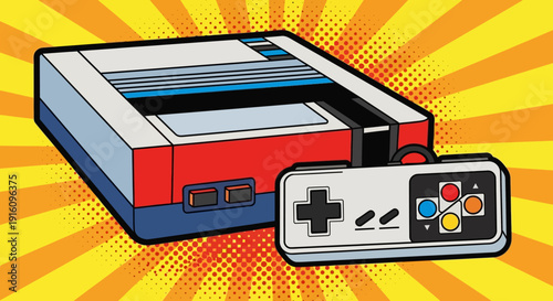Classic 8-Bit Retro Gaming Console with Wired Controller in Pop Art Style Illustration
