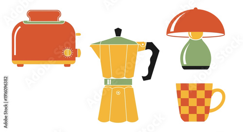 Vintage Kitchen Appliance Set with Retro Toaster Moka Pot Espresso Maker and Lamp