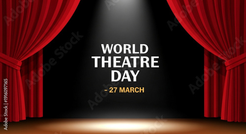 World theatre day celebration with red curtains and spotlight on stage