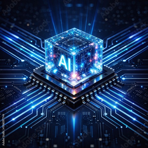 Glowing AI processor chip with illuminated circuit pathways in a futuristic digital environment. Concept of artificial intelligence, data processing, neural networks, and advanced computing technology