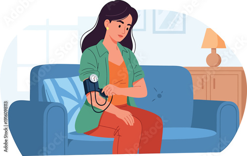 Woman Measuring Blood Pressure on Sofa at Home