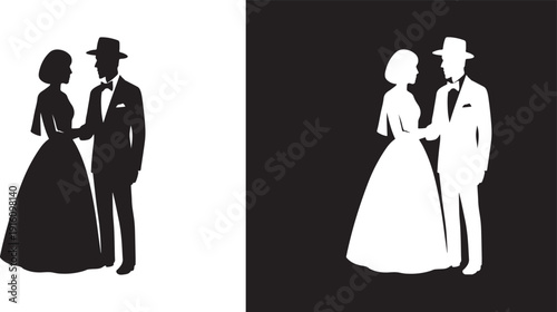 Silhouette of bride and groom icon for wedding invitations, romance themes and events.