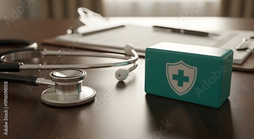 Teal medical box with shield and cross symbol stethoscope and clipboard on wooden desk turquoise