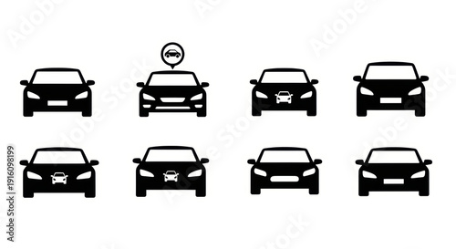 Collection of Black Car Icons with Navigation Symbol