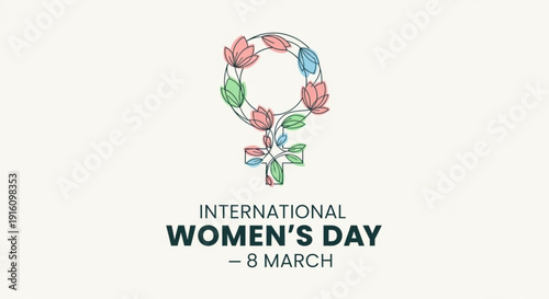 International women's day logo with floral wreath and ribbon on white background celebrating equality and empowerment