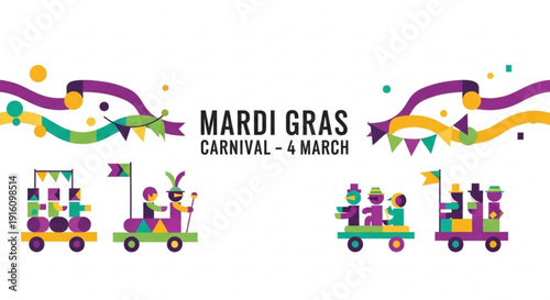 Mardi gras carnival celebration with colorful floats and festive decorations on white background