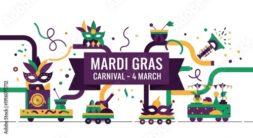 Mardi gras carnival celebration with colorful train and masks on white background