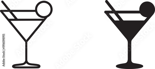Outline and silhouette martini glass icons with straw and garnish for bar use.