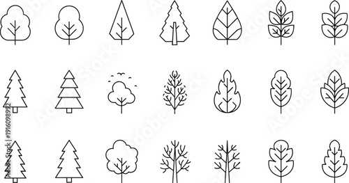 Tree Line Icon Collection with Pine Oak and Abstract Forest Nature Outline Vector Illustration Set