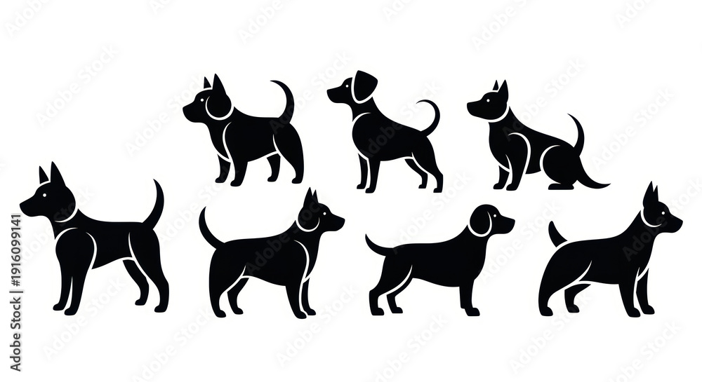 Obraz premium Collection of Black Dog Silhouettes on White Background